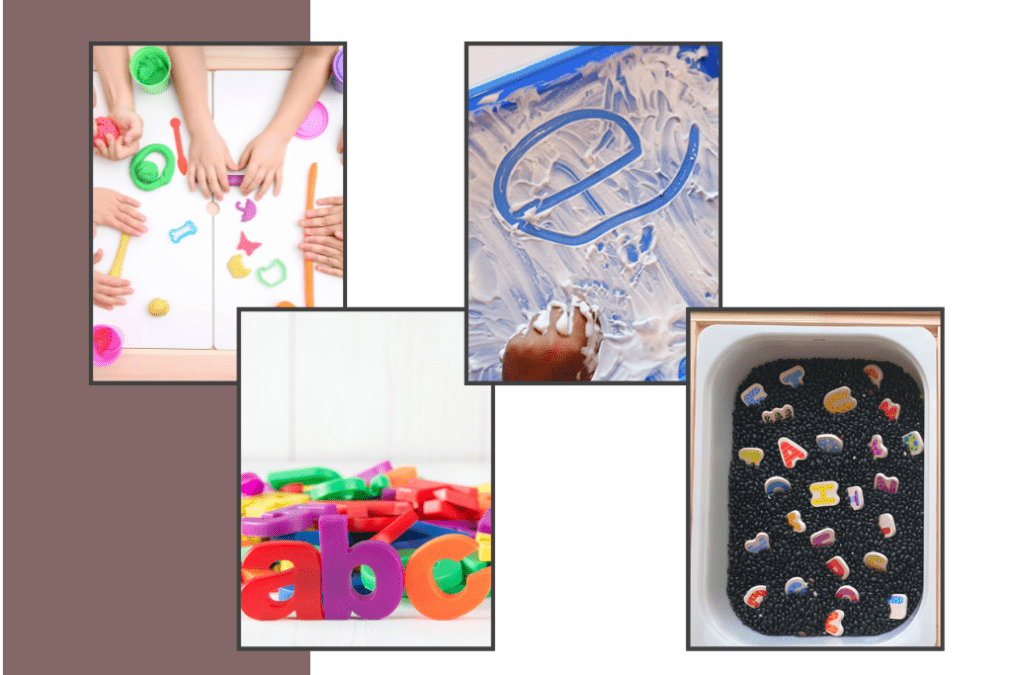 Different examples of multisensory learning of letters include: sensory bins, shaving cream writing, playdough letters, and magnetic letters. 