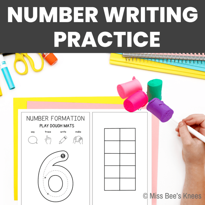 A picture of an activity that helps children learn to write numbers using playdough and other sensory items. 