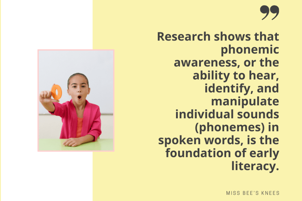 A quote that reads "research shows that phonemic awareness, or the ability to hear, identify, and manipulate individual sounds (phonemes) in spoken words, is the foundation of early literacy. 